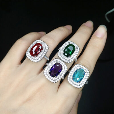 Nhà máy trực tiếp bán vòng vuông thạch anh tím giả sang trọng đôi hàng kim cương đầy đủ aquamarine ruby ngọc lục bảo mở nhẫn kim cương