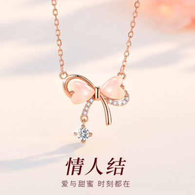 Bạc S925 Nơ Vòng Cổ Nữ Mùa Hè Ánh Sáng Sang Trọng Thích Hợp Thiết Kế Người Yêu Thắt Nút Hình Trái Tim Opal Mặt Dây Chuyền Xương Đòn Dây Chuyền