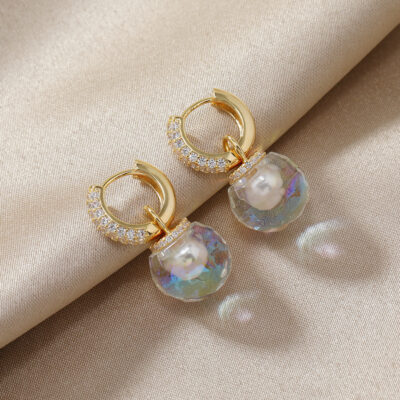 Thủy triều mới thiết kế cao micro-khảm zircon hai băng bông tai ngọc trai xuyên thấu bông tai nữ chất lượng cao bán buôn đơn giản