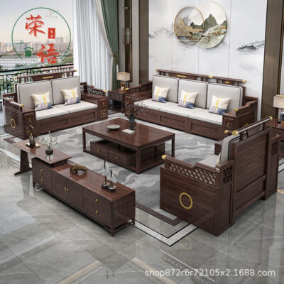 Gỗ vàng đen phong cách Trung Quốc mới sofa gỗ nguyên khối kết hợp hiện đại tối giản Zen phòng khách phong cách Trung Quốc sofa góc căn hộ lớn