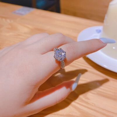 Vàng thật đồng mạ điện khảm zircon Hàn Quốc ròng đỏ sống giả bạch kim Nhẫn Moissanite nữ 1 cara nhẫn cưới sáu móng