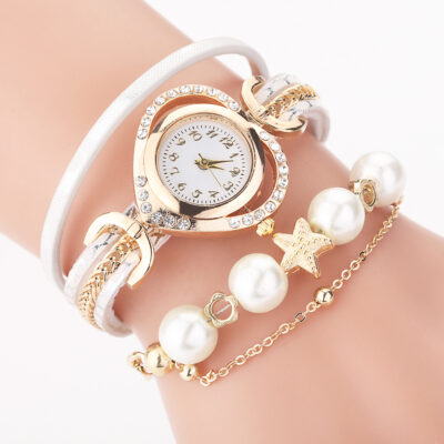 Thương mại nước ngoài nóng bán đồng hồ đeo tay nữ đào trái tim khảm ngọc trai rhinestone vòng tròn đồng hồ sinh viên phiên bản Hàn Quốc xuất xưởng tại chỗ