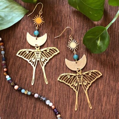 AliExpress Mặt Trăng Bướm Đêm Đá Quý Pha Lê Bằng Đồng Bông Tai Vàng Mặt Trăng Bướm Mặt Trăng Ngoại Giáo Bông Tai