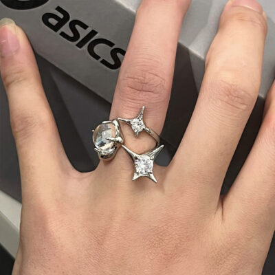 Bạc 925 Flash Kim Cương Chữ Thập Starburst Không Đều Mở Nhẫn Nữ Nhẫn Đính Đá Zircon Hốc Thiết Kế Ánh Sáng Sang Trọng Cao Cấp