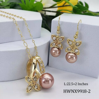 Bộ vòng cổ bông tai ngọc trai vàng quốc tế phong cách đảo cỏ ba lá zircon đồng vỏ hợp kim trang sức hạt