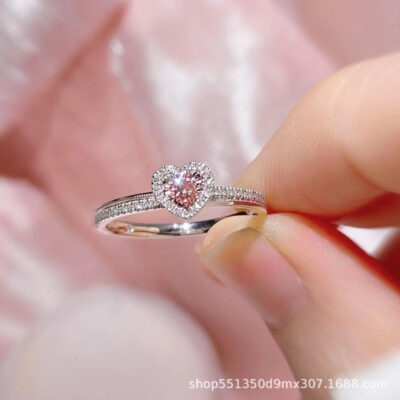 Nhẫn kim cương mạ bạc 925 tình yêu màu hồng nữ ins niche thiết kế Đẹp sang trọng ngọt ngào hình trái tim nhẫn kim cương bạn gái quà tặng bạn gái