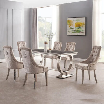 Phong cách Châu Âu đơn giản nhẹ nhàng sang trọng Bàn ghế ăn bằng đá cẩm thạch gia đình hiện đại phòng khách biệt thự bàn ăn hình chữ nhật bằng thép không gỉ bàn ăn