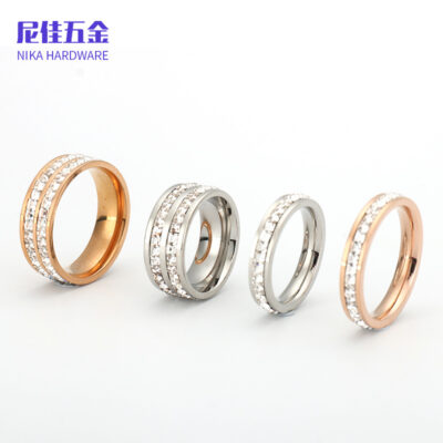 Phiên bản Hàn Quốc nhẫn thép không gỉ khí chất đơn và đôi hàng kim cương Nhẫn thép titan cặp đôi đầy sao cao cấp Nhẫn hợp thời trang