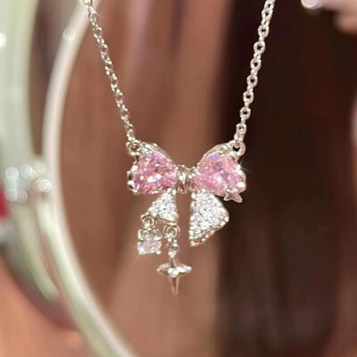 Hồng Zircon Nơ Vòng Cổ Niche Tính Khí Cao Cấp Ánh Sáng Đơn Giản Vòng Cổ Sang Trọng Ins Sinh Viên Vòng Cổ Retro
