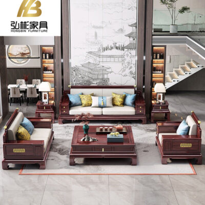 Sofa gỗ mun kiểu Trung Quốc mới Phòng khách biệt thự tân cổ điển phong cách Trung Quốc hiện đại Sofa gỗ nguyên khối quy mô lớn mùa đông và mùa hè
