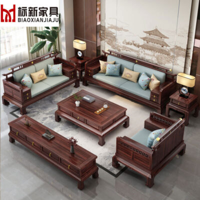 Phong cách Trung Quốc mới đầy đủ gỗ nguyên khối ghế sofa gỗ mun kết hợp phòng khách mùa đông và mùa hè biệt thự cao cấp nội thất gỗ gụ tân cổ điển