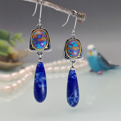 Rongyu bohemian hoa màu ngọc lam đá quý thả bông tai châu Âu và châu Mỹ 925 cổ lapis lazuli đu bông tai