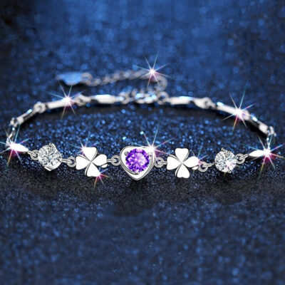 Mới Đào Trái Tim Hình Trái Tim Vòng Tay Thạch Anh Tím Cỏ Bốn Lá Mạ Bạch Kim Biển Topaz Xanh Vòng Tay Hoa Quà Tặng