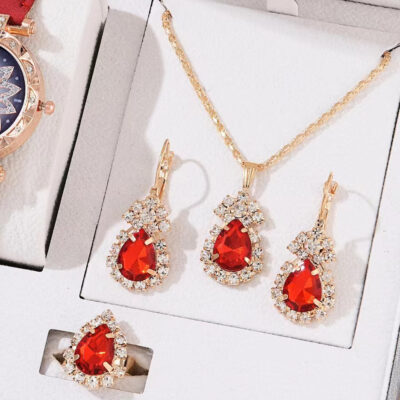 Âu Mỹ Mới Giọt Nước Tình Yêu Kim Cương Giả Bộ Bông Tai Vòng Cổ Nhẫn Cô Dâu Trang Sức Bộ 3 Phụ Kiện Đồng Hồ