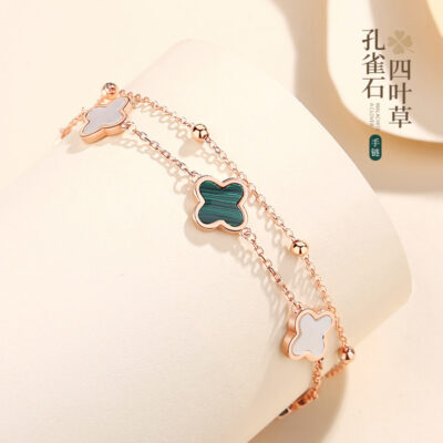 Tikia Thật Bắn Ánh Sáng Thời Trang Cao Cấp Bạc 925 Đá Malachite Cỏ Bốn Lá Vòng Tay Nữ Đôi Hoa Hồng Vàng Tay Trang Sức