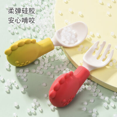 Bé tập ăn tập ăn muỗng nĩa tay cầm ngắn muỗng nĩa silicone cho bé Bộ đồ ăn trẻ em PPSU bổ sung thực phẩm muỗng nĩa