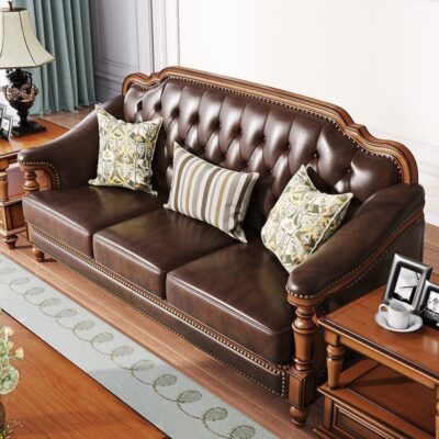 Ghế sofa da bằng gỗ nguyên khối theo phong cách retro của Mỹ kết hợp ghế sofa da bò lớp đầu đơn giản và đẹp nội thất phòng khách theo phong cách đồng quê