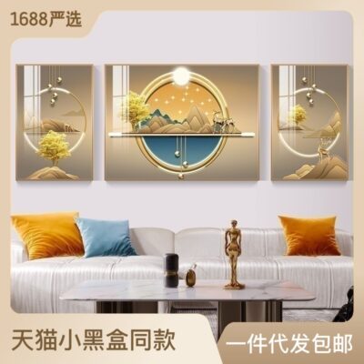 Phòng khách tối giản hiện đại trang trí bức tranh nền sofa bức tranh treo tường bầu không khí cao cấp phong cách Trung Quốc mới ánh sáng mới bộ ba sang trọng