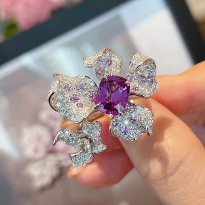 Viên kim cương màu tím rực rỡ viên ngọc nhiều màu sắc nhẫn nữ mở ins Đẹp sang trọng cao cấp thiết kế thích hợp khí chất thanh lịch đa năng