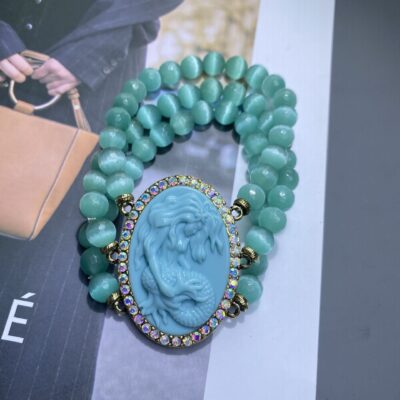 Thời Trung Cổ Phong Cách Phương Tây Ba Chiều Chạm Khắc Opal Tự Nhiên Đính Hạt Đàn Hồi Vòng Tay Retro Xanh Nàng Tiên Cá Vòng Tay