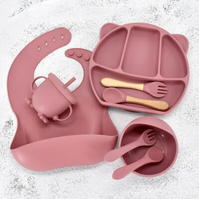 Trẻ Em Silicone Túi Nước Bọt Bộ 9 Món Cốc Hút Bộ Thìa Thức Ăn Cho Bé Bổ Sung Bát Đĩa 8 Món Cho Ăn bộ Đồ Ăn