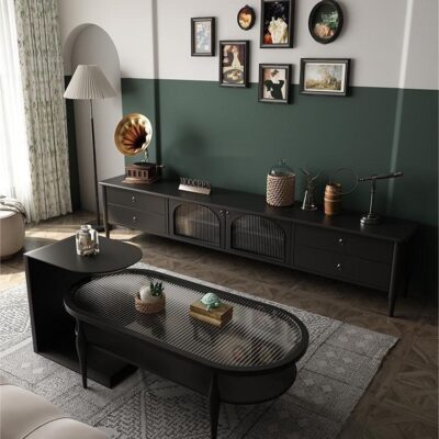 Pháp Retro Gỗ Chắc Chắn Bàn Tủ Tivi Kết Hợp Phòng Khách Nhà Căn Hộ Nhỏ Đen Tủ Tivi Bắc Âu Cổ Điển