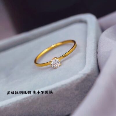 Thép titan không phai màu vàng hồng siêu mịn nhẫn kim cương nhỏ 6 móng cho nữ nhẫn đính kim cương đính đá zircon chung INS thủy triều đuôi nhẫn