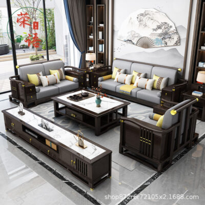 Phong cách Trung Quốc mới nhẹ nhàng sang trọng tất cả sự kết hợp ghế sofa gỗ nguyên khối kết hợp bàn ghế phòng khách phong cách Trung Quốc hiện đại Bộ ghế sofa bằng gỗ cộng với vải Xu hướng quốc gia mới