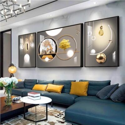 Lắp đặt trọn gói 2023 phòng khách mới sơn trang trí nền sofa treo tường tranh treo tường bức tranh tường ba Đẹp Bắc Âu tranh sứ pha lê sang trọng