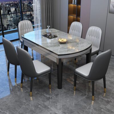 Bàn ghế ăn bằng đá kiểu Ý kết hợp bàn ăn gấp bằng kính thiên văn tối giản hiện đại với bếp từ tại nhà bàn tròn căn hộ nhỏ