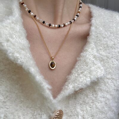 Cao Cấp Đá Mắt Hổ Series Mã Não Đen Tự Nhiên Đính Hạt Ánh Sáng Sang Trọng Retro Ins Thích Hợp Xương Đòn Vàng Dây Chuyền