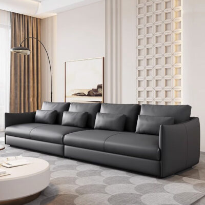 Sofa da phong cách Phật Sơn tối giản kiểu Ý lớp trên cùng màu đen da bò hàng thẳng phòng khách kết hợp đồ nội thất sofa da