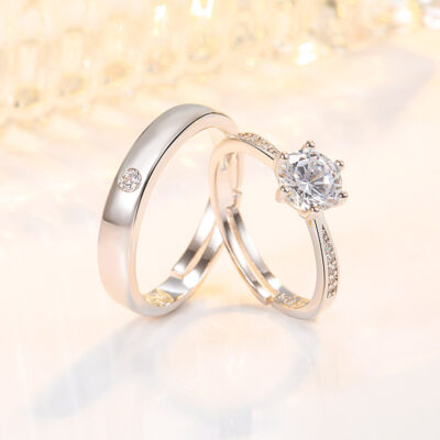 Phiên bản Hàn Quốc của nhẫn đôi kim cương mô phỏng một cặp nhẫn cầu hôn zircon nạm kim cương nhẫn trang sức nhẫn sáu móng thời trang