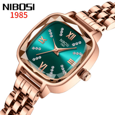 Đồng hồ đeo tay nữ 2535 mới của Nibosi, mẫu bùng nổ, đồng hồ nhỏ màu xanh lá cây kiểu cổ điển với mặt số nạm kim cương sáng