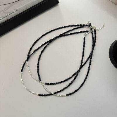 Dây chuyền bạc S925 phong cách Hàn Quốc kiểu dáng thích hợp mã não đen bị vỡ Dây chuyền xương đòn kiểu Hàn Quốc đơn giản và thời trang
