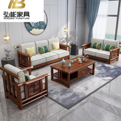 Phong cách Trung Quốc mới ánh sáng hiện đại sang trọng lụa vàng gỗ đàn hương sofa gỗ nguyên khối nền kinh tế căn hộ nhỏ 123 kết hợp vải nội thất phòng khách