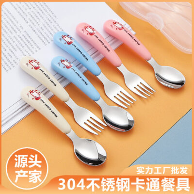 Bộ đồ ăn bằng thép không gỉ 304 cho bé bé trẻ em muỗng nĩa tay cầm ngắn bổ sung thực phẩm đào tạo trẻ em thìa cho bé
