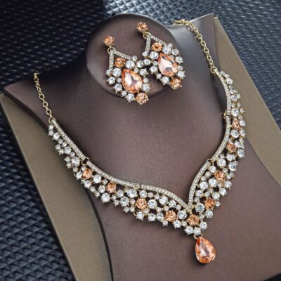 Cưới Cô Dâu Trang Sức 2 Bộ Tinh Tế Vòng Cổ Kim Cương Giả Bộ Bông Tai Áo Cưới Phụ Kiện Vòng Cổ