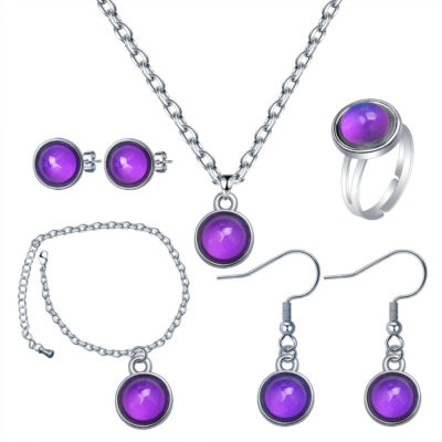 Thời trang bán chạy quốc tế Đá quý ngọt ngào Nhiệt độ thay đổi màu sắc nhạy cảm Bộ Bông tai Vòng cổ Vòng tay Vòng đeo tay Trang sức Bộ 5 món