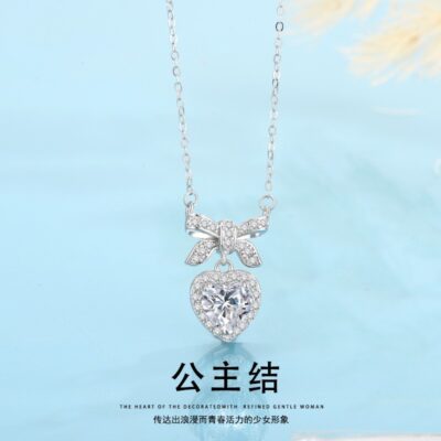 Công Chúa Nút Thắt Vòng Cổ Tình Yêu Nữ Bạc S999 Ánh Sáng Sang Trọng Ngọt Nơ Thắt Nơ Xương Đòn Dây Chuyền Zircon Màu Hồng Mặt Dây Chuyền