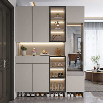 Ánh sáng sang trọng bằng gỗ nguyên khối lối vào sảnh hiên tủ giày tích hợp vào vách ngăn tủ cửa nhà tủ khóa dọc cao