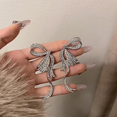 S925 Bạc Kim Hàn Quốc Phóng Đại Nơ Bông Tai Đá Nữ Ánh Sáng Sang Trọng Gió Lạnh Thiết Kế Bông Tai