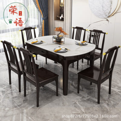 Kết hợp bàn ghế ăn bằng gỗ nguyên khối kiểu Trung Quốc mới có thể thu vào, gấp tròn, bàn ăn bằng đá tròn, căn hộ nhỏ, vuông, tròn, sử dụng kép