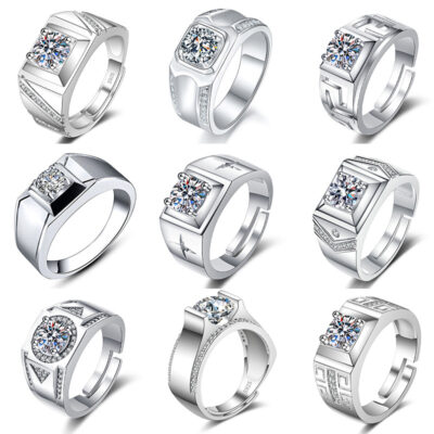 Runxin Men's Business Ring Nhà sản xuất nhẫn kim cương Bán buôn Live Source Men's Flash Diamond One Carat Zircon Open Ring