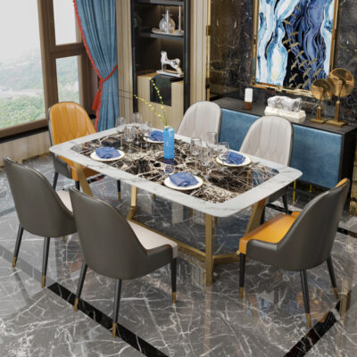 Bộ bàn ghế ăn bằng đá cẩm thạch sang trọng kết hợp với bộ bàn ghế hiện đại bằng inox cho nhà hàng và gia đình