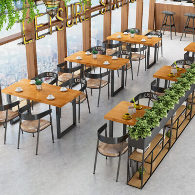 Cafe nhà hàng bàn ăn gỗ nguyên khối Bàn ghế sắt Mỹ giải trí đơn giản nhà hàng Lẩu Quán trà sữa đơn giản bàn ăn kết hợp