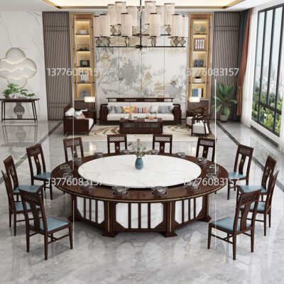 Biệt thự nhẹ sang trọng kết hợp bàn ghế bàn ăn lớn khách sạn mới phong cách Trung Quốc bếp xoay tự động đá phiến bếp xoay Lẩu bàn tròn lớn