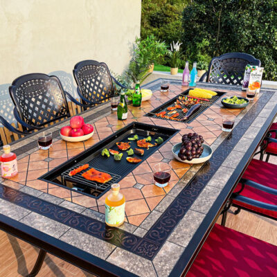 Ngoài trời nhôm đúc bàn ăn nướng sân thượng biệt thự vườn sắt ngoài trời giải trí nhà xoay bàn ghế nướng điện