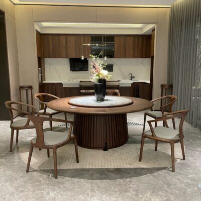 Trung Quốc mới chất lượng hàng đầu quả óc chó màu đen gỗ chắc chắn bàn ăn xoay tự động bàn ăn khách sạn câu lạc bộ biệt thự nhà hàng bàn tròn