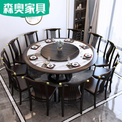 Bàn ghế ăn gỗ nguyên khối kiểu Trung Quốc mới kết hợp đá phiến hiện đại đơn giản bàn ăn tròn nhà hàng bàn tròn lớn